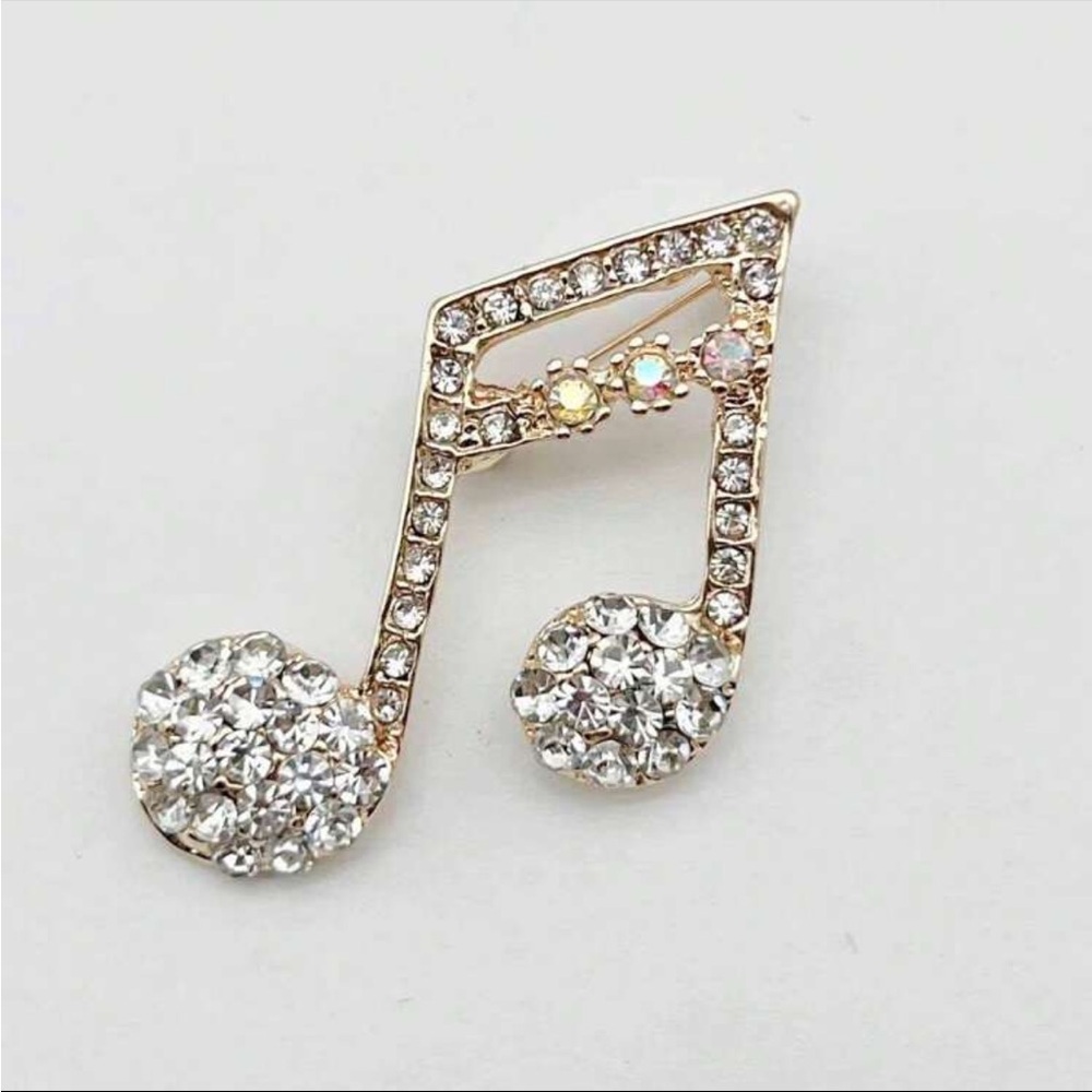 BNIB Elegant Style Music Note Rhinestone Brooch Gold Tone Unisex Timeless Gift - Picture 2 of 3